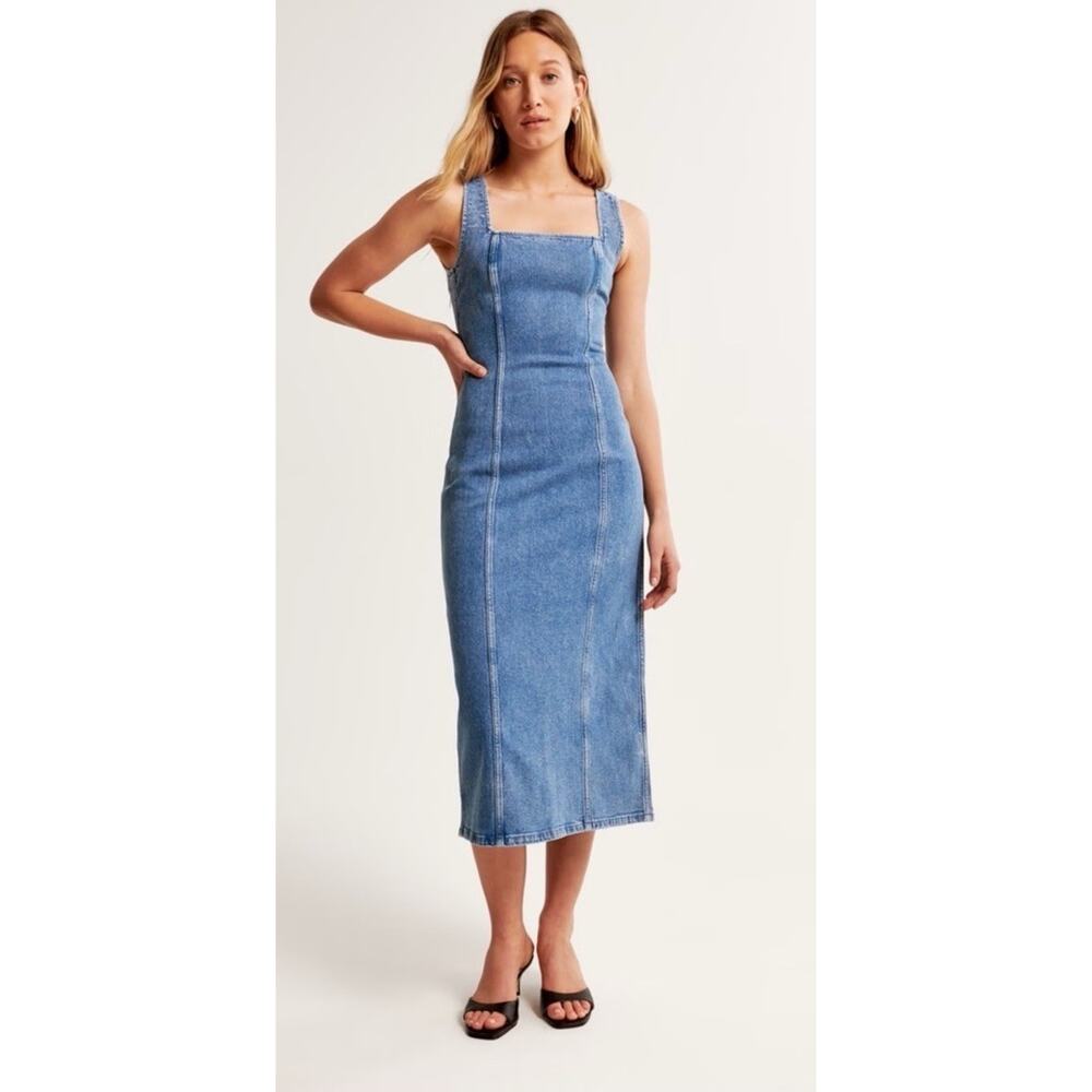 Abercrombie & Fitch Blue Denim Pinafore Column Square Neck Zip Midi Dress XLP - Picture 7 of 8
